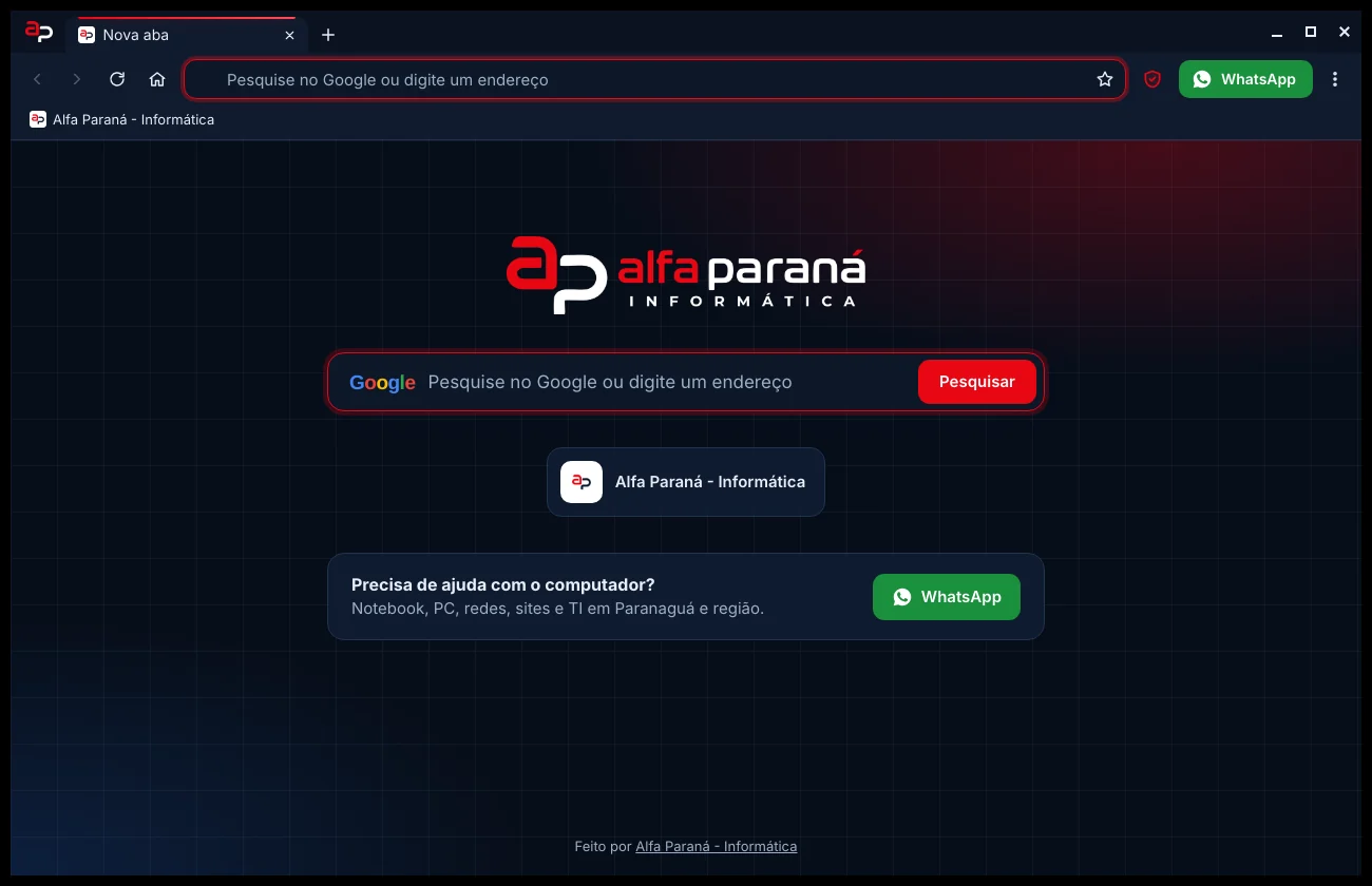 Tela do NAVAP com a página inicial da Alfa Paraná, tema escuro, o bloqueador de anúncios Alfa e o botão WhatsApp
